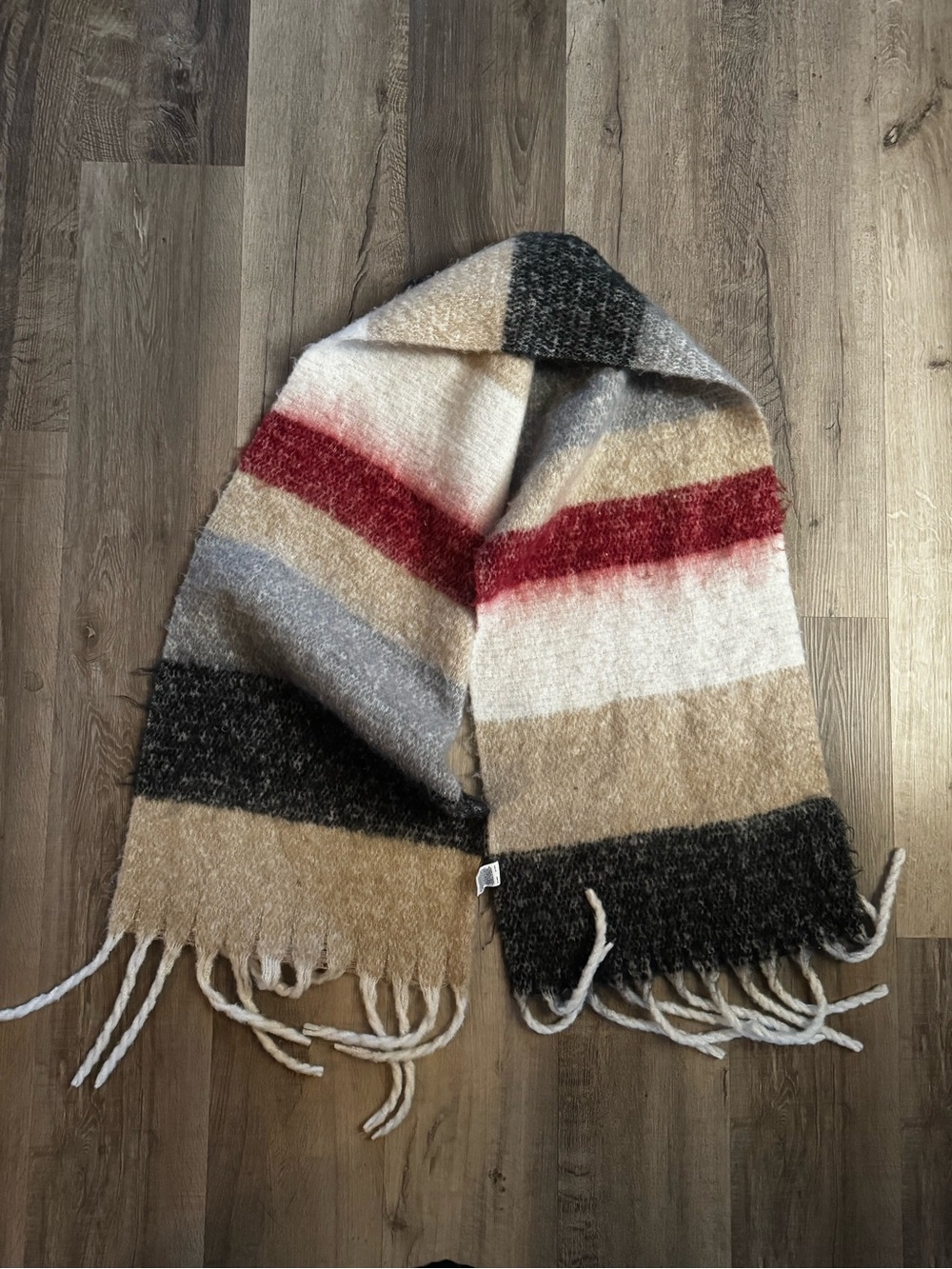 Melrose and Market Striped Fringe Scarf in Red, Beige, Gray, Black